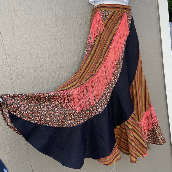 Handmade Vintage Style Boho Full Floral Skirt with Fringe - Picture 2 of 9